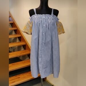 Primark Striped Off-Shoulder Dress with Yellow Embroidered Accents Size 12